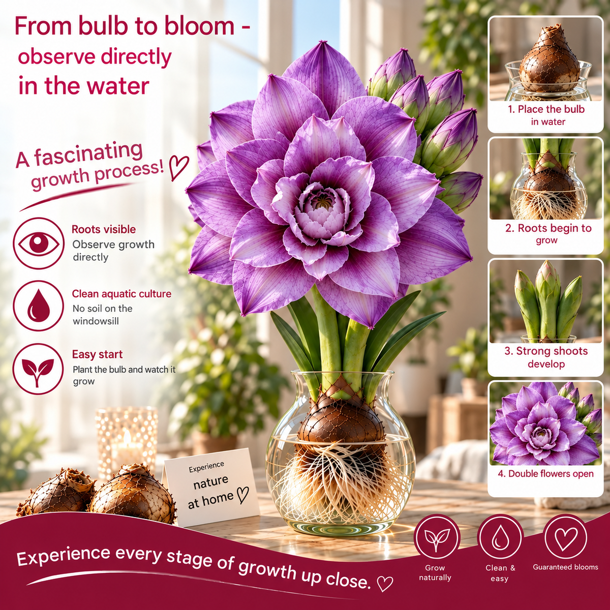 🌺 Multi-headed amaryllis bulbs with double XXL flowers – for water and soil