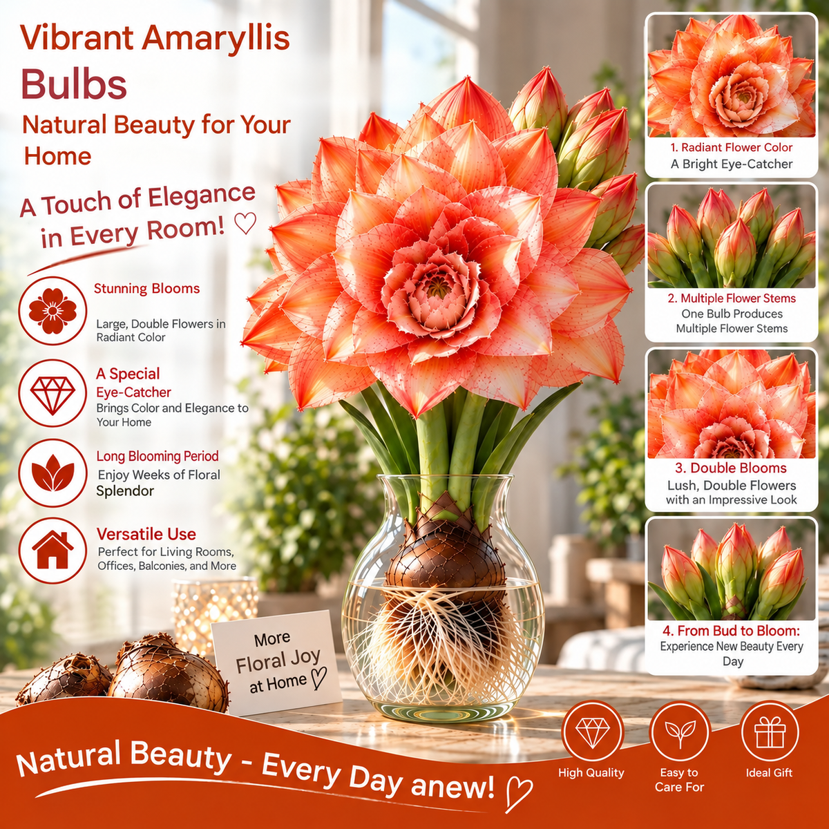 🌺 Multi-headed amaryllis bulbs with double XXL flowers – for water and soil