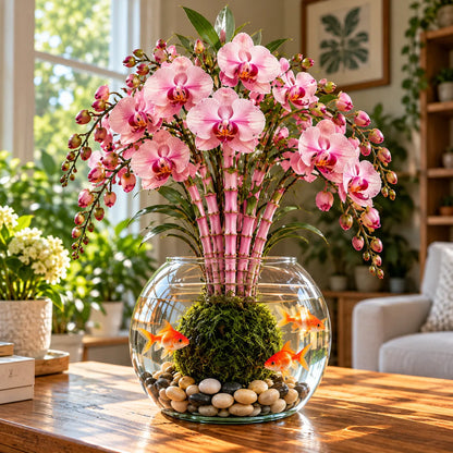 🌸 Rare Hydroponic Bamboo Orchid Moss Ball – Inspired Stems in a Beautiful Water Garden Display.