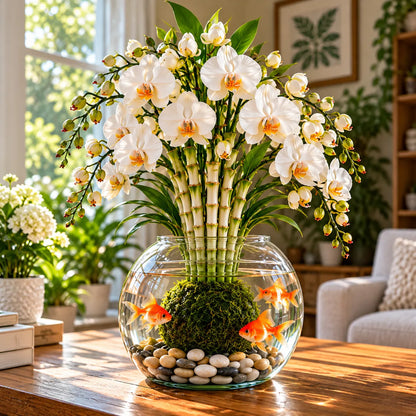 🌸 Rare Hydroponic Bamboo Orchid Moss Ball – Inspired Stems in a Beautiful Water Garden Display.