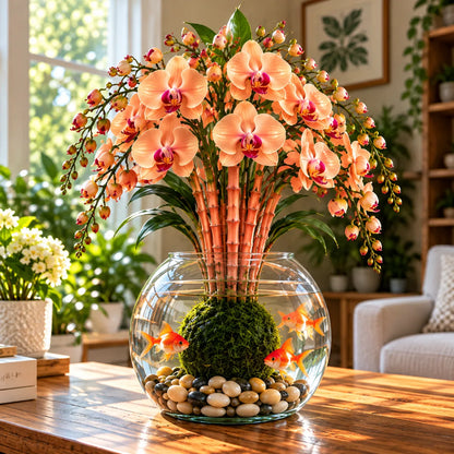 🌸 Rare Hydroponic Bamboo Orchid Moss Ball – Inspired Stems in a Beautiful Water Garden Display.